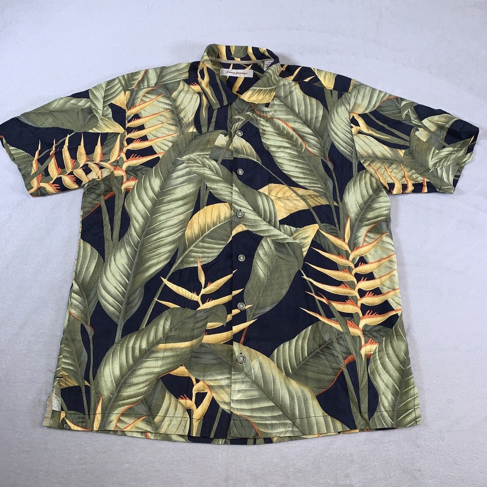 Tommy Bahama Shirt Mens Medium Green 100% Silk Floral Leaves Camp All Over Print